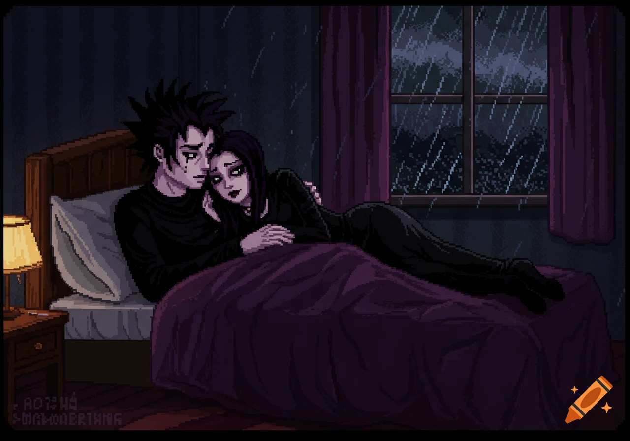 A pixel art image of a goth couple embracing in bed, with rain visible outside a window.
