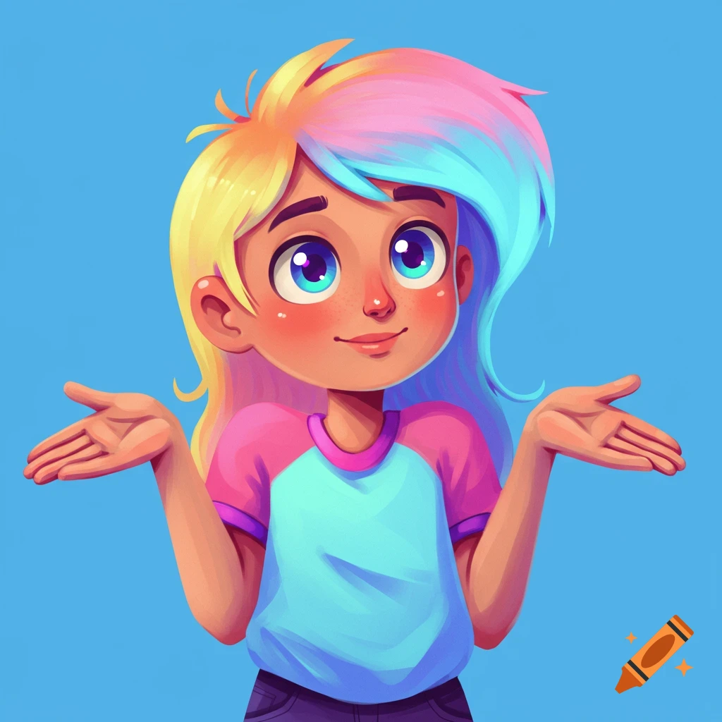 A brightly colored cartoon girl with rainbow hair and a pink and blue shirt shrugging.