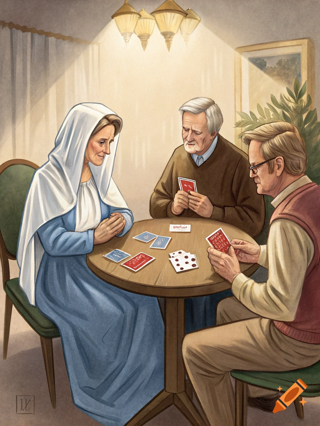An illustration of three elderly people, two men and a woman in a white veil, playing a card game at a wooden table under a warm light.
