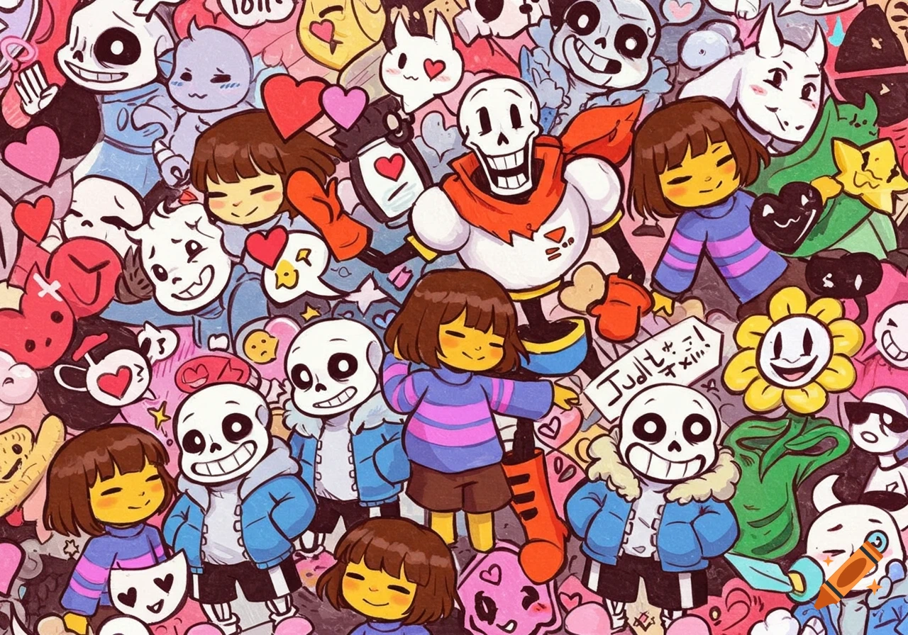 Colorful doodle illustration of multiple Undertale characters including Frisk, Sans, Papyrus, and Flowey, surrounded by hearts and symbols.