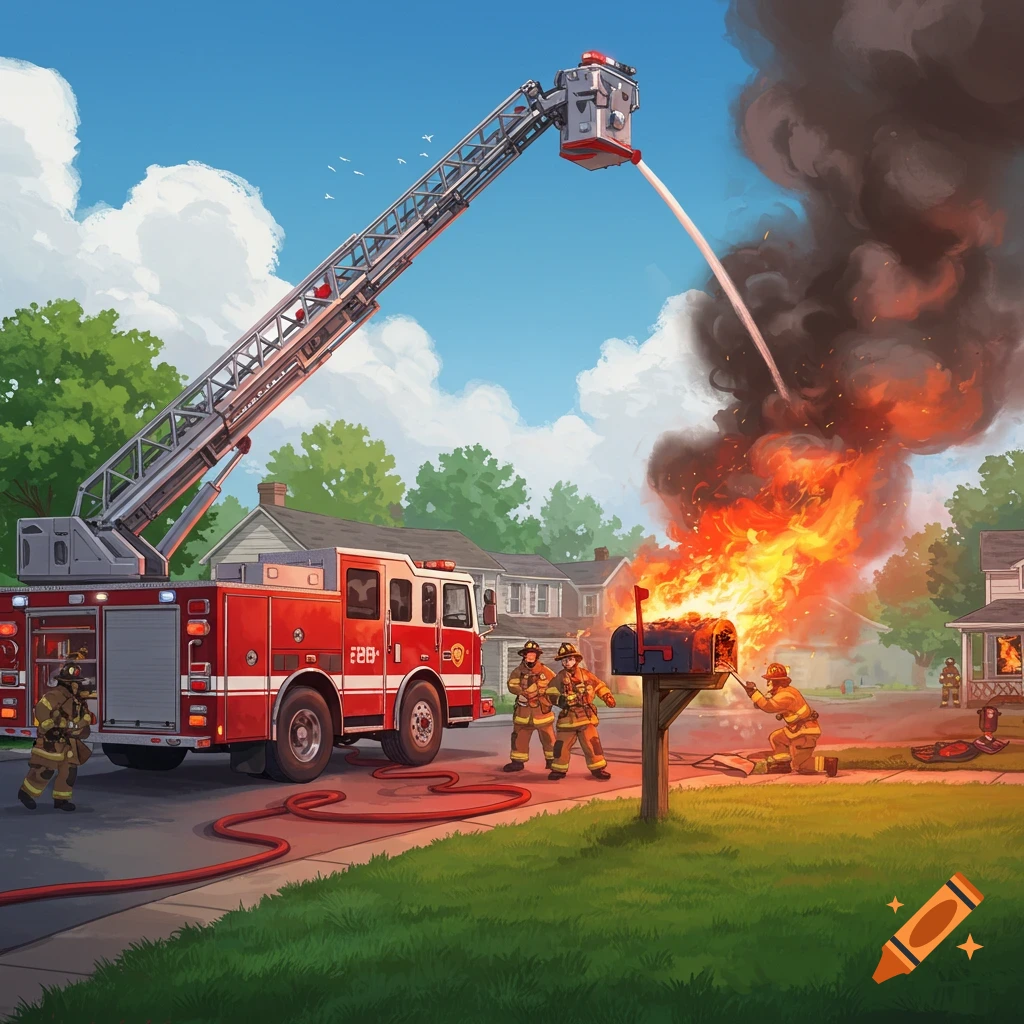Illustrated scene of a red firetruck with an extended ladder spraying water on a burning mailbox in a suburban neighborhood, with firefighters below.