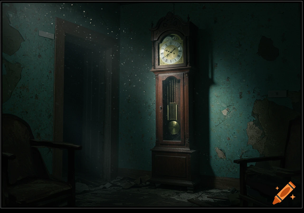 A dusty grandfather clock stands in a dark, eerie abandoned room with peeling green wallpaper, bathed in a shaft of light.