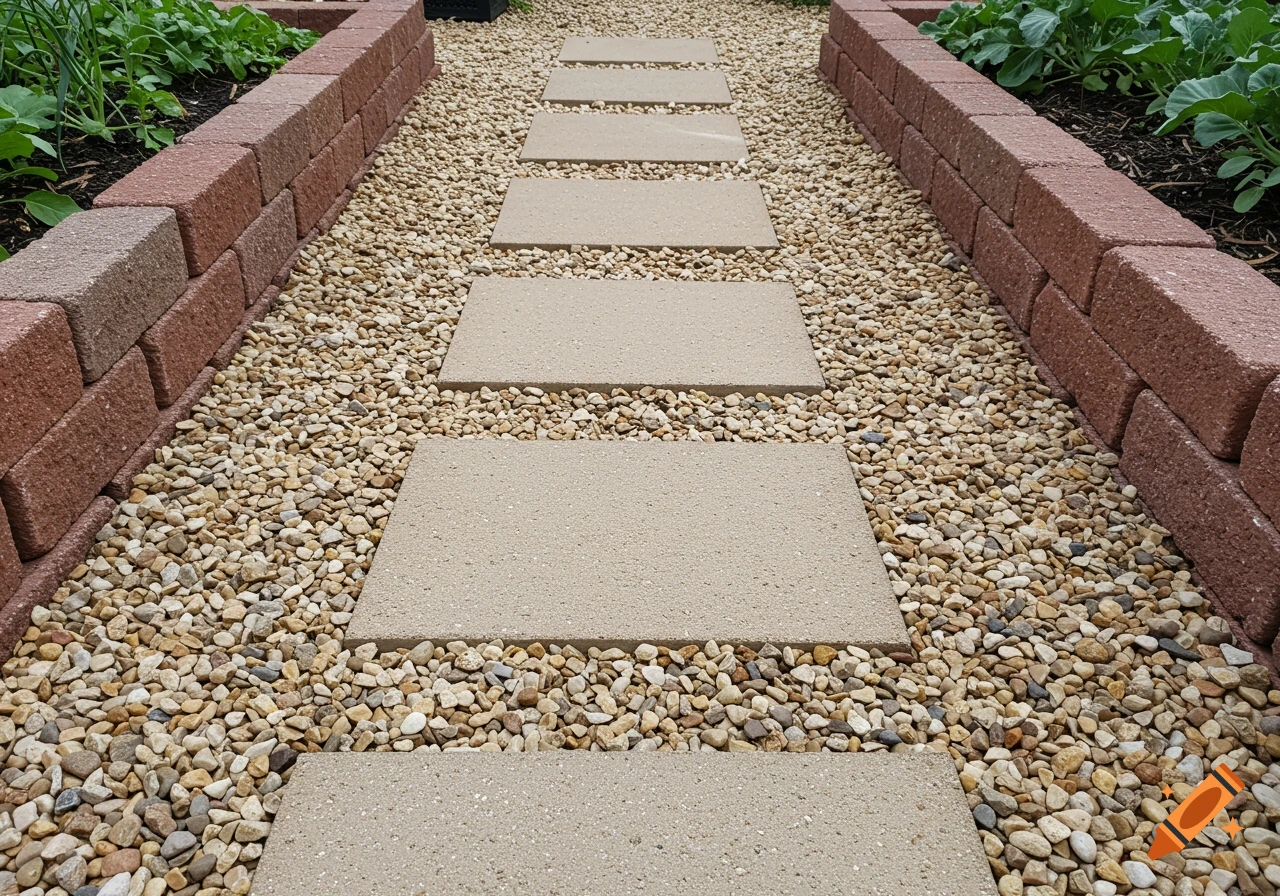 A garden pathway with rectangular stepping stones set in tan gravel, bordered by red brick raised beds with green plants.