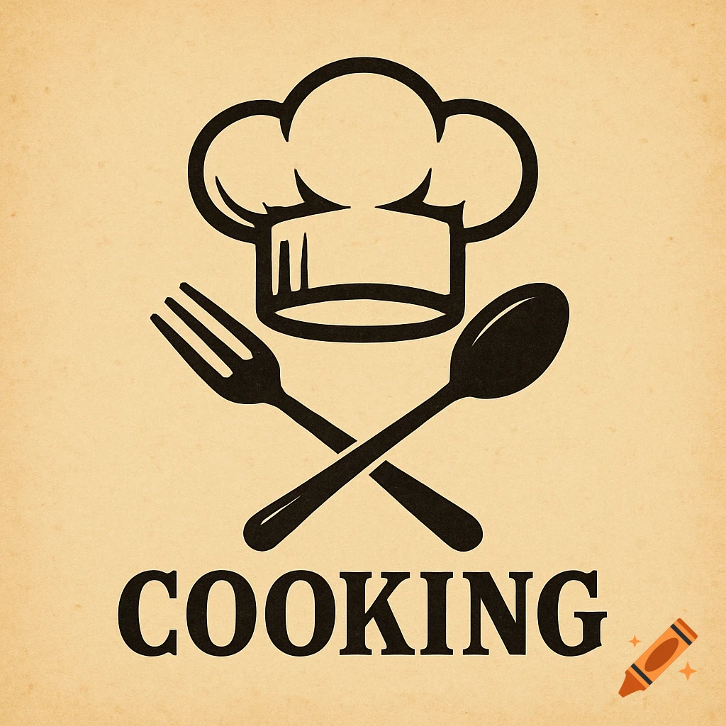 A black silhouette logo featuring a chef's hat above a crossed fork and spoon, with the word "COOKING" below, on a textured beige background.