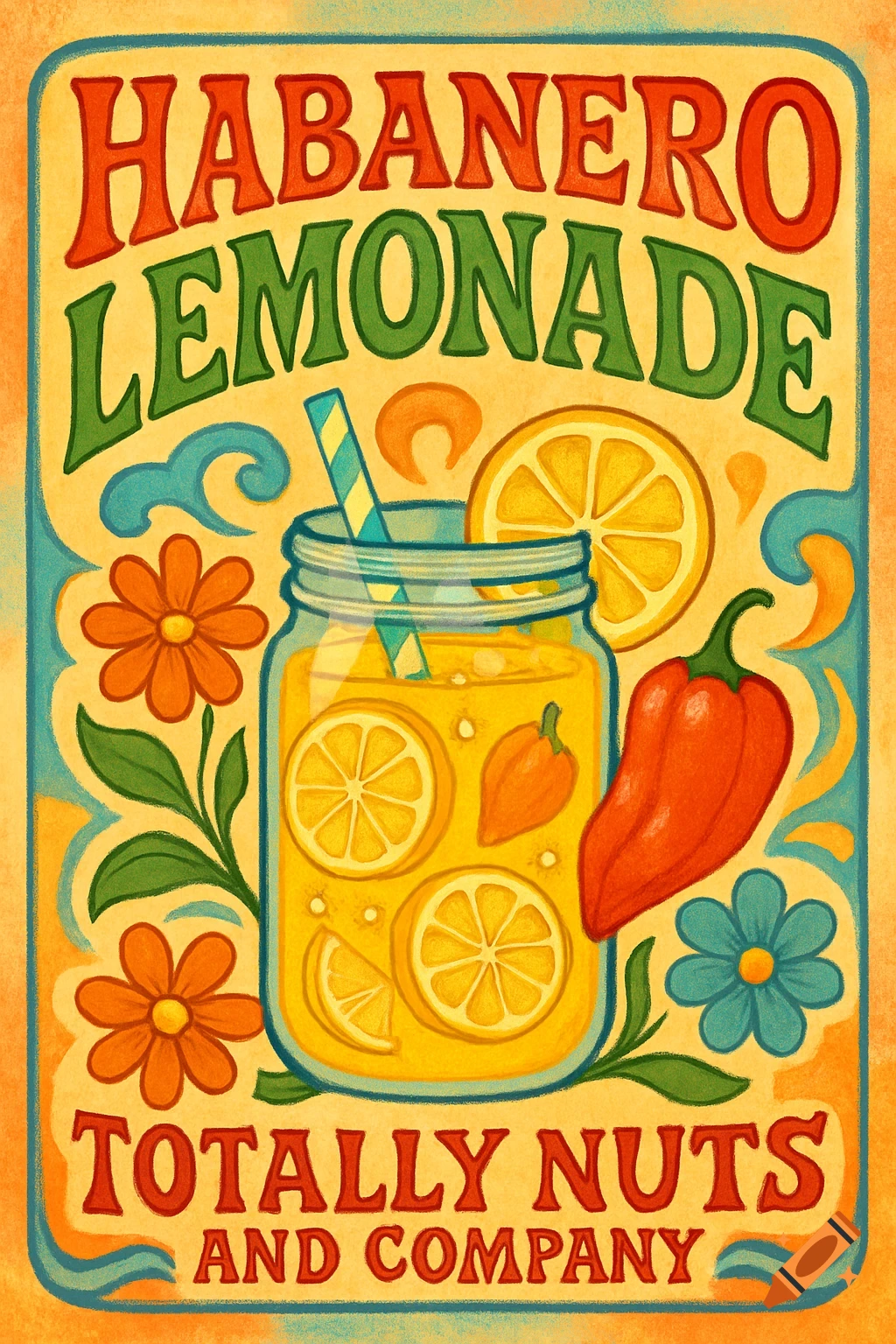 A vibrant, hippie retro-style poster for Habanero Lemonade, featuring a mason jar with lemons and peppers, surrounded by colorful flowers and ornate patterns.