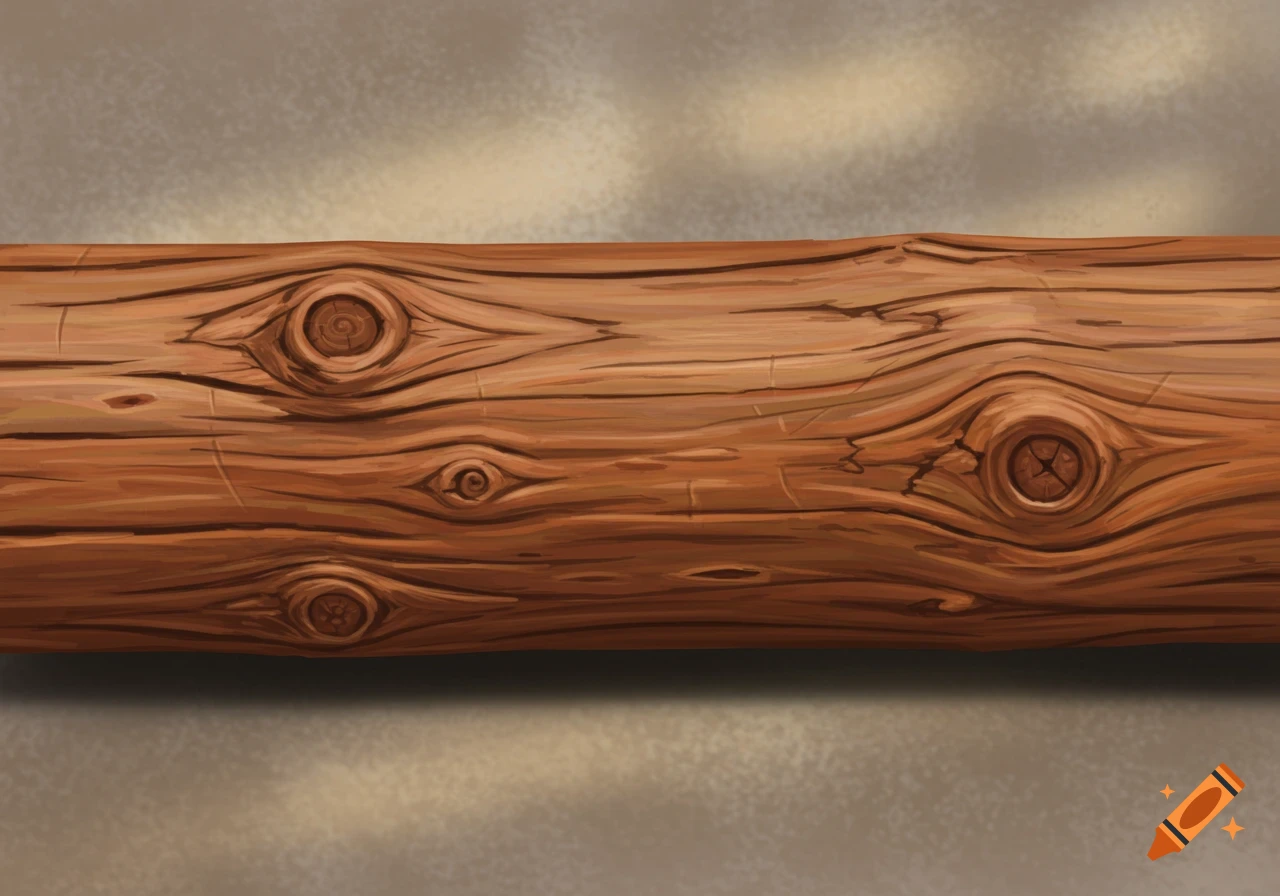 A detailed close-up of a wooden log, showing prominent wood grain and circular knots.