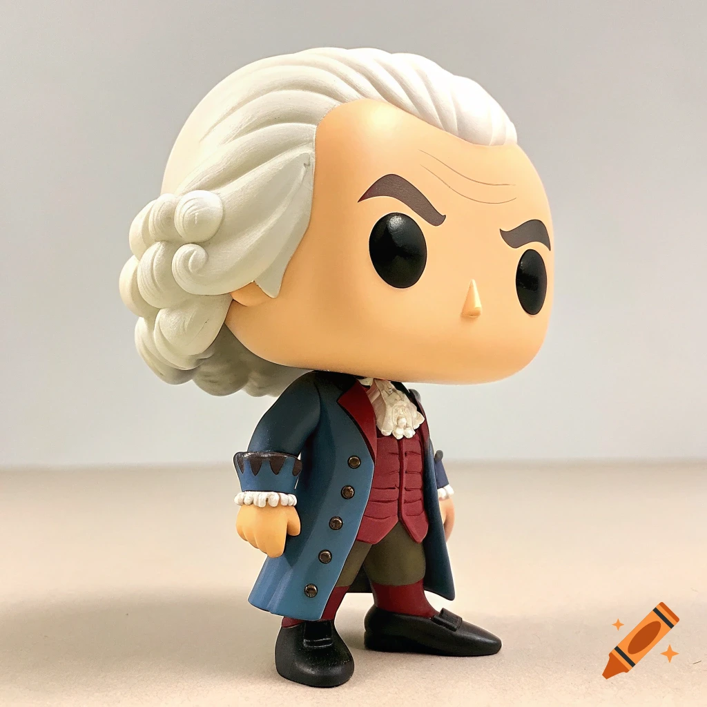 A Funko Pop figure of John Adams, dressed in 18th-century attire with a white powdered wig.
