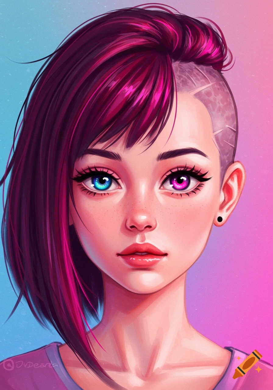 Anime style portrait of a girl with dark pink hair, one side shaved ...