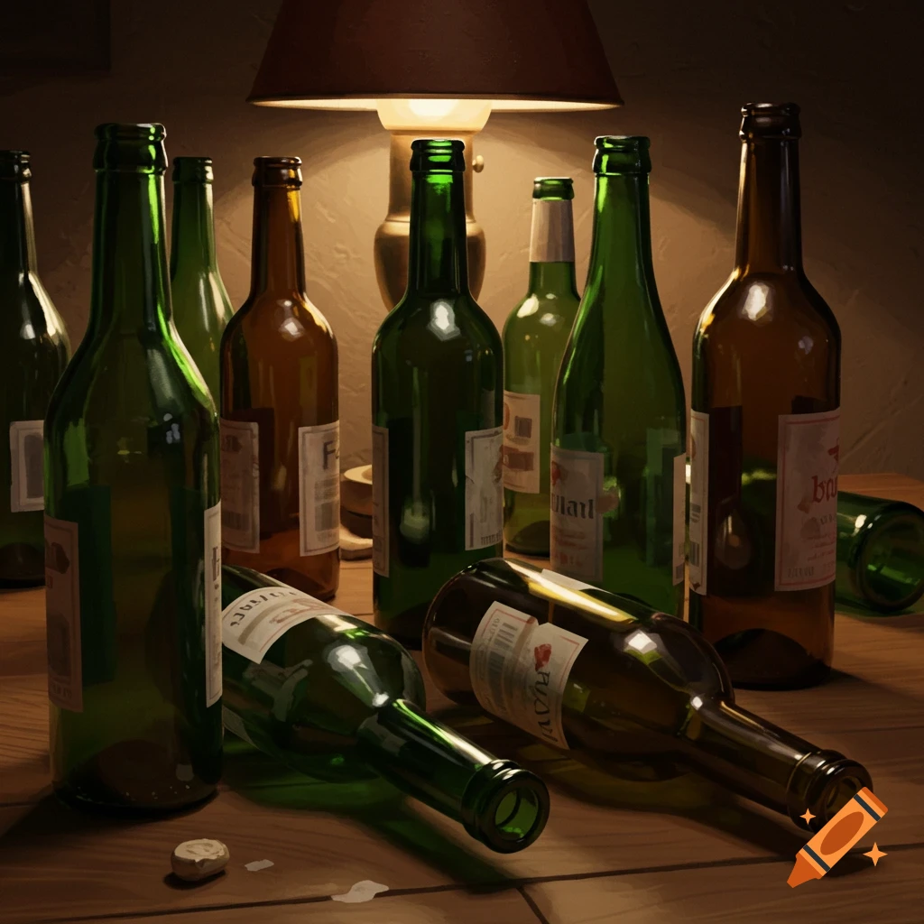 A still life photorealistic image of numerous empty green and brown wine and beer bottles on a wooden table, illuminated by a warm lamp.