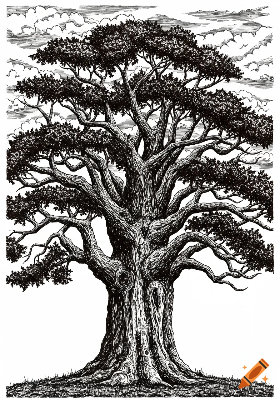 Detailed black and white woodcut illustration of a massive, gnarled tree with a wide canopy and intricate roots, against a cloudy sky.