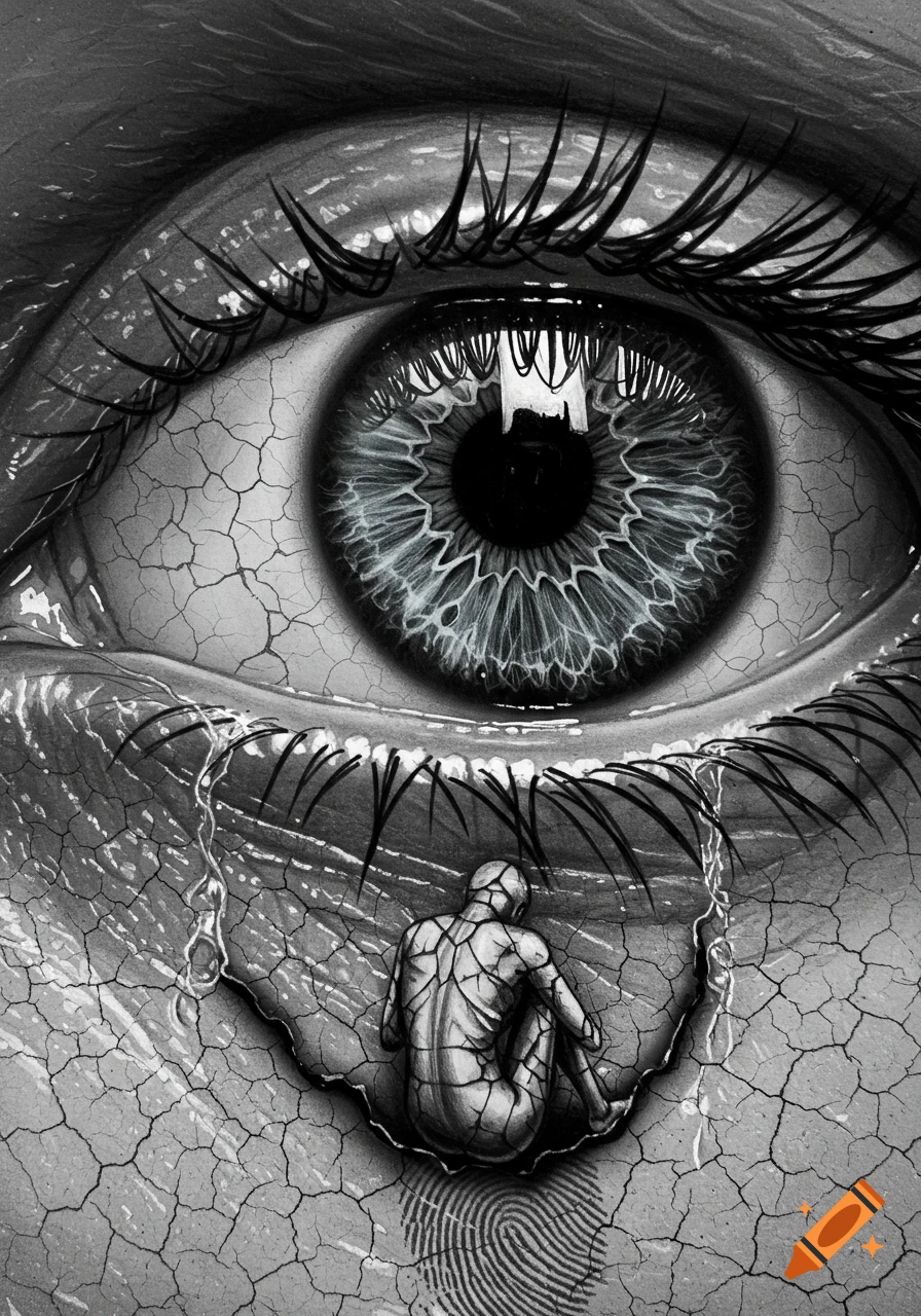 Close-up monochrome surreal artwork of a cracked eye with a fractured figure in the pupil and textured tears.