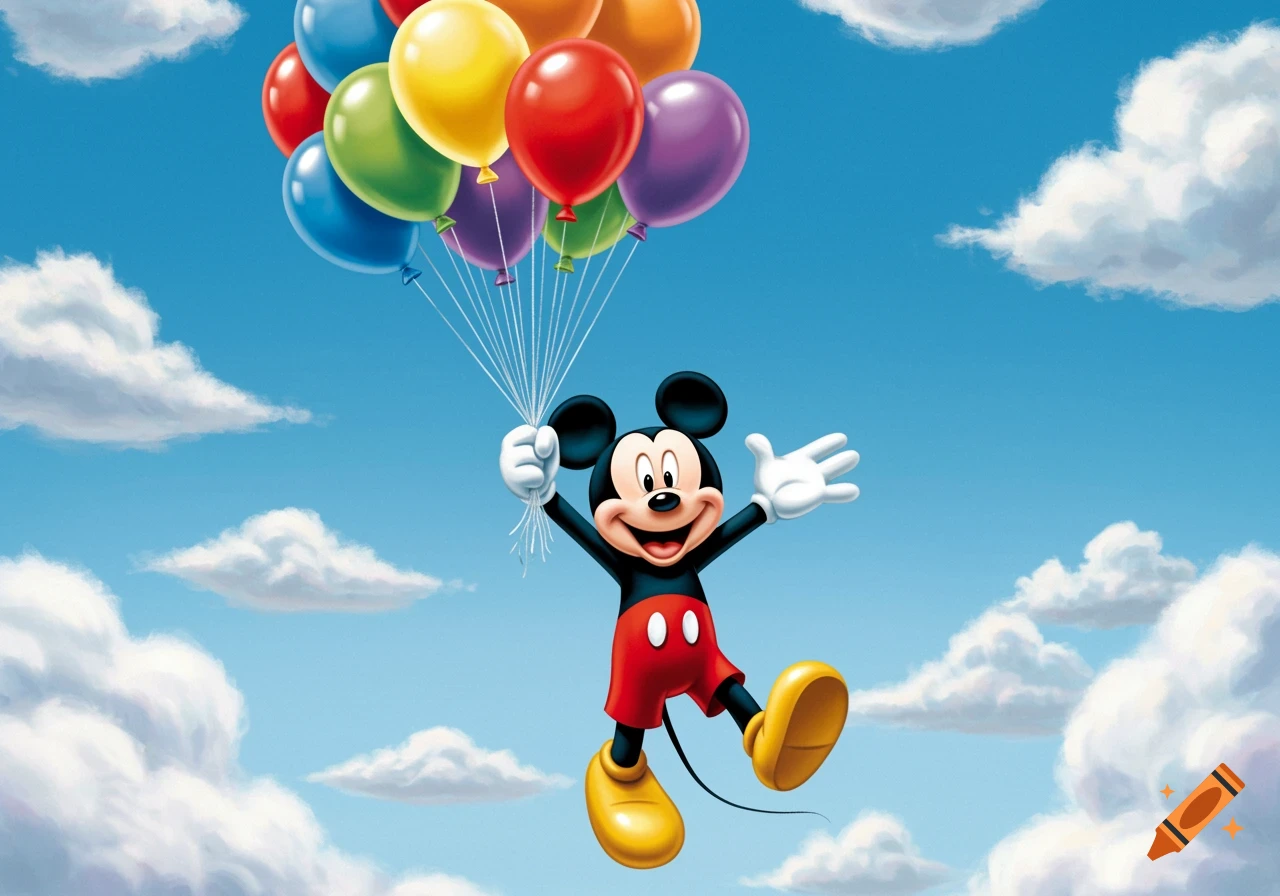 Mickey Mouse, holding a bundle of colorful balloons, floats happily in a bright blue sky filled with white clouds.