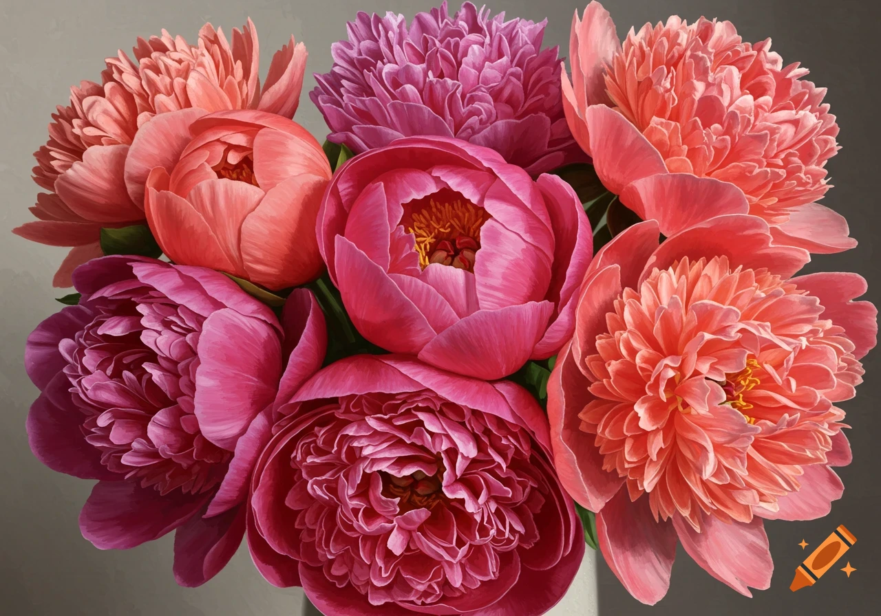 A vibrant bouquet of full bloom peonies in shades of pink, fuchsia, and coral against a soft gray background.