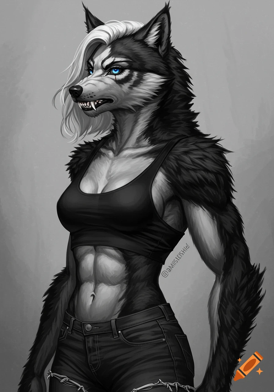 A black and white illustration of a muscular female werewolf with blue eyes and white hair, wearing a sports bra and jeans.
