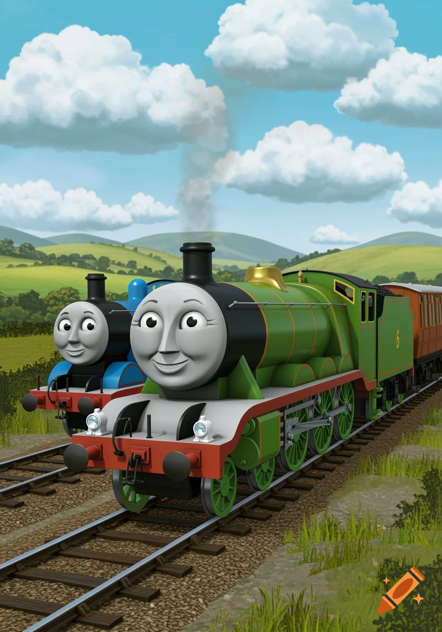Henry and Thomas the cartoon trains on tracks in a green landscape under a blue sky.
