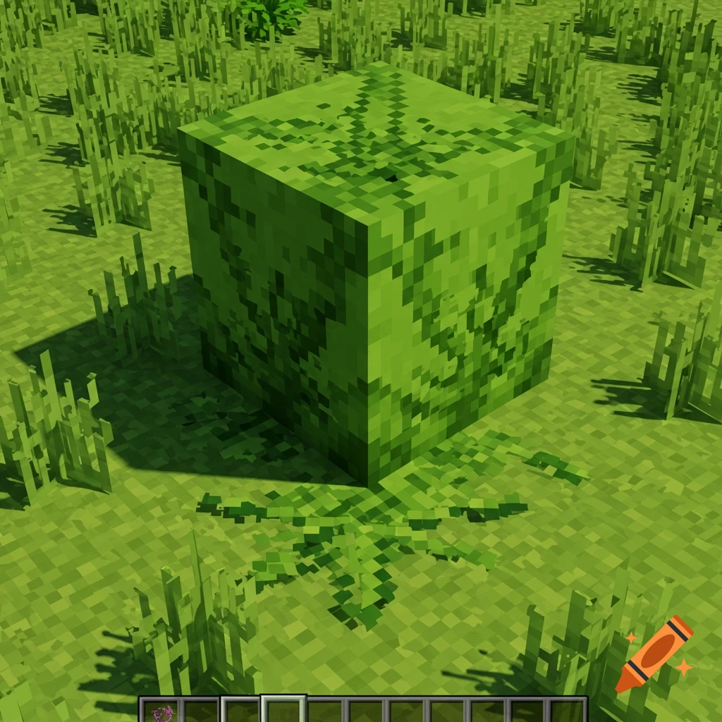 A pixelated green block textured with cannabis leaves sits in a Minecraft-like grassy field.
