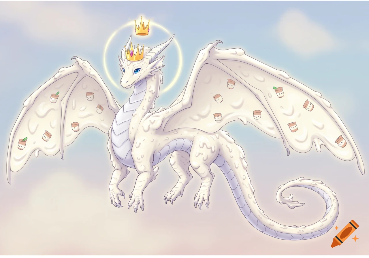 A majestic creamy white Yogurt Dragon with blue eyes, a golden crown, and yogurt pot designs on its wings, flying against a soft pastel sky.