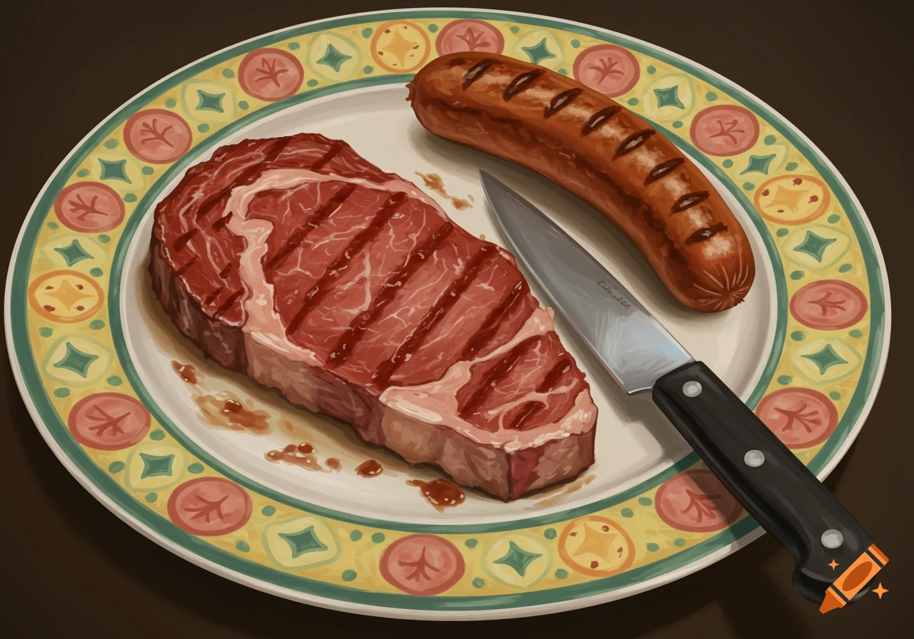 A juicy ribeye steak, a grilled sausage, and a steak knife are arranged on a colorful patterned ceramic plate.