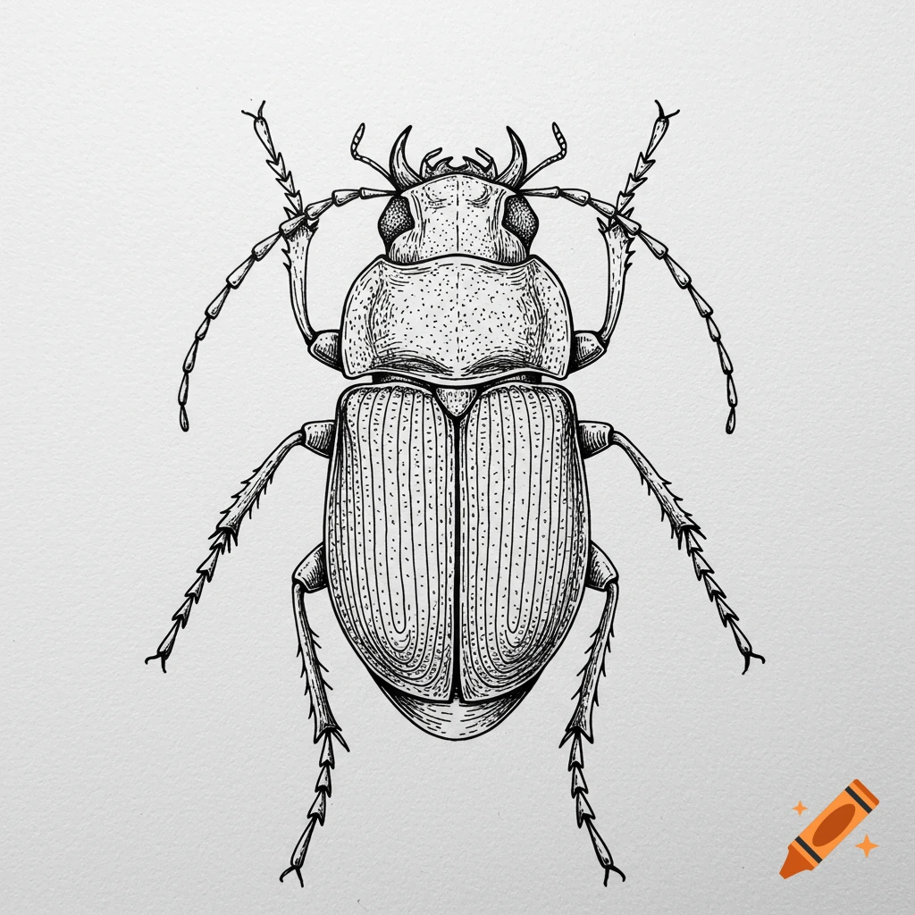 A detailed black and white ink drawing of a beetle viewed from above, with fine lines and stippling for texture.