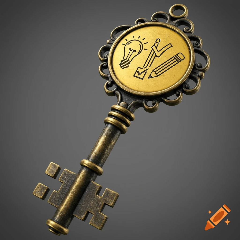 An antique brass key featuring a golden circular head with black line icons of a lightbulb, a checkmark, and a pencil.