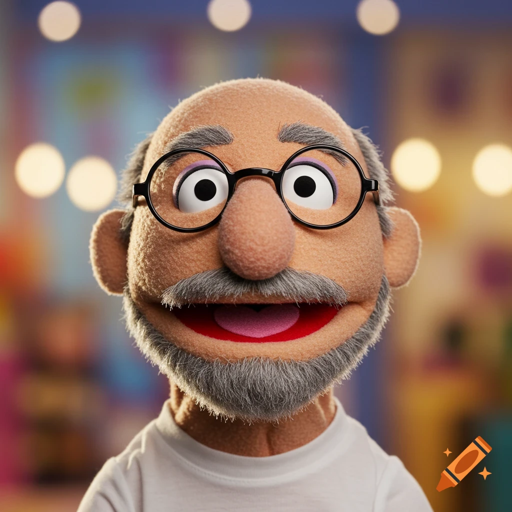A close-up of a Muppet-style puppet of a bald man with a gray beard, round black glasses, and a white t-shirt.