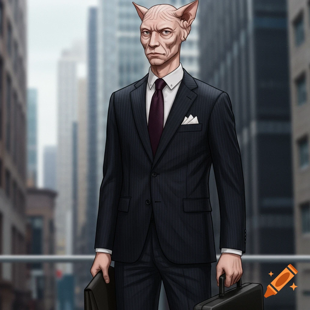 A hairless, cat-eared man in a dark pinstripe suit holds two briefcases, standing on a railing with blurred city buildings in the background.