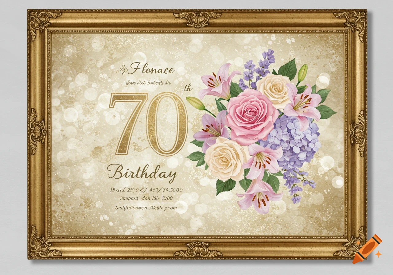 An elegant framed invitation for a 70th birthday, featuring golden text and a bouquet of pink roses, white lilies, and purple hydrangeas.