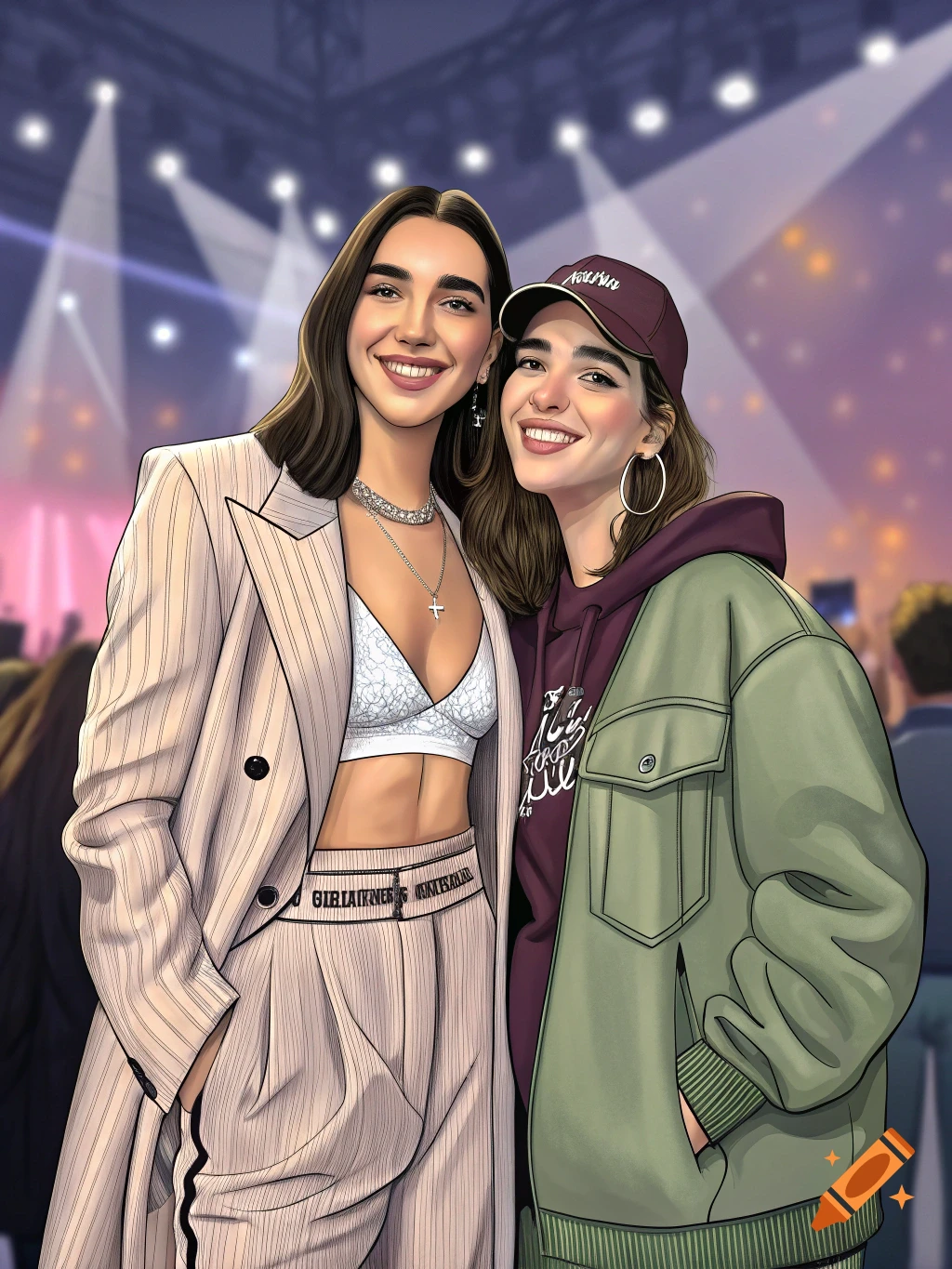 Stylized illustration of two smiling women, one resembling Dua Lipa, at a vibrant concert with spotlights.
