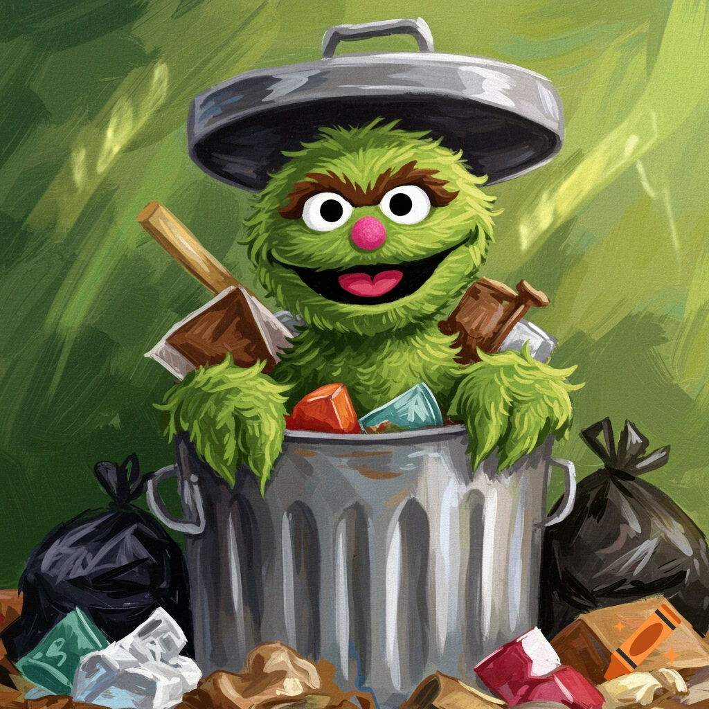 A vibrant illustration of Oscar the Grouch, a green furry character, smiling and peeking from a gray trash can surrounded by bags and colorful garbage.