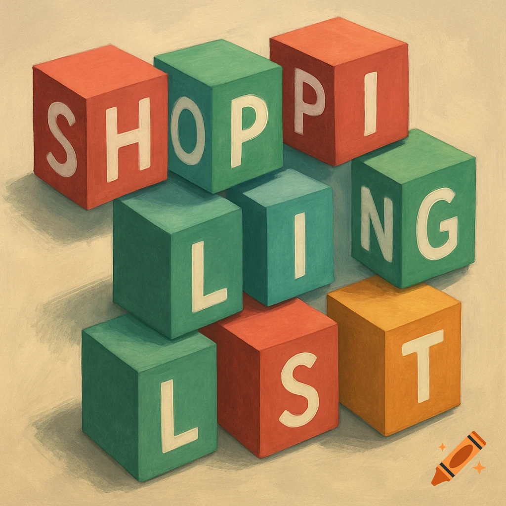 Colorful building blocks spelling out the words 'SHOPPING LIST' on a light background, viewed from above.