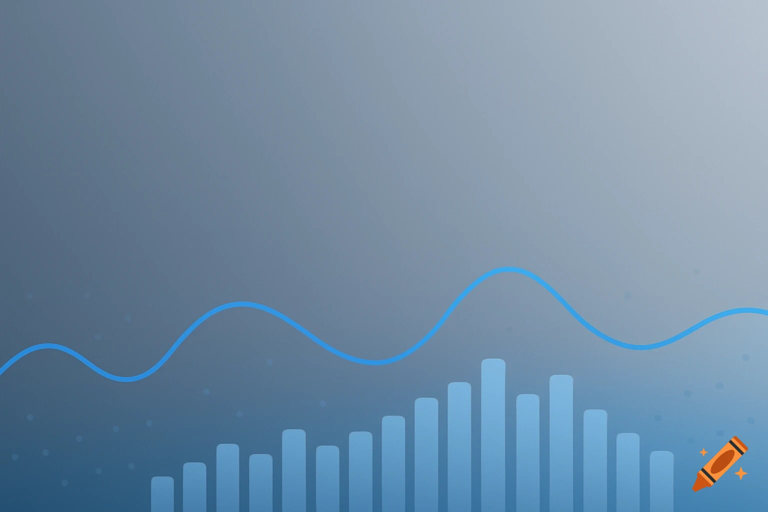 Abstract data visualization with a blue wavy line graph, bar charts, and subtle dots on a cool grey and blue gradient background.