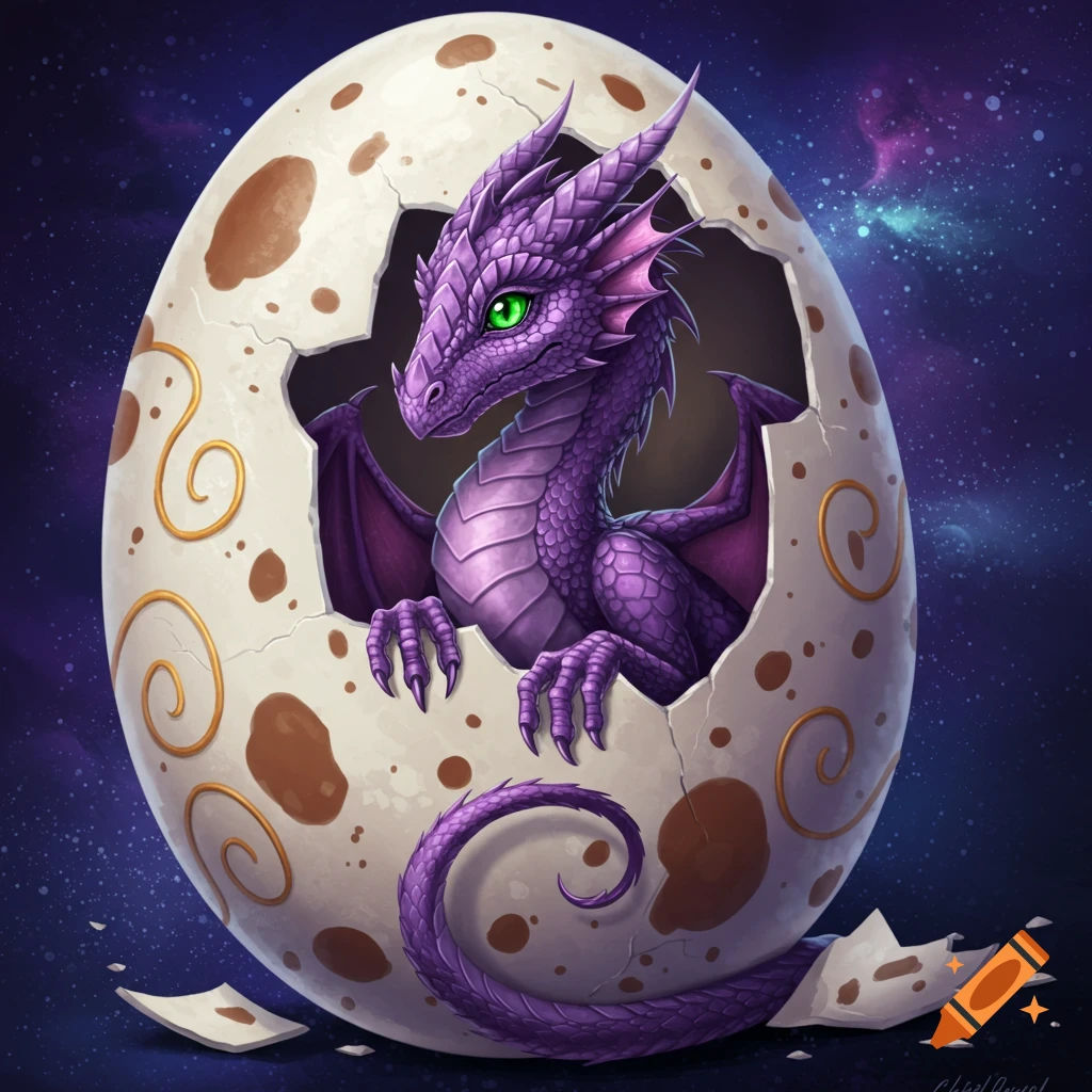 A cute purple baby dragon with green eyes hatching from a cracked white egg, against a starry purple galaxy background.