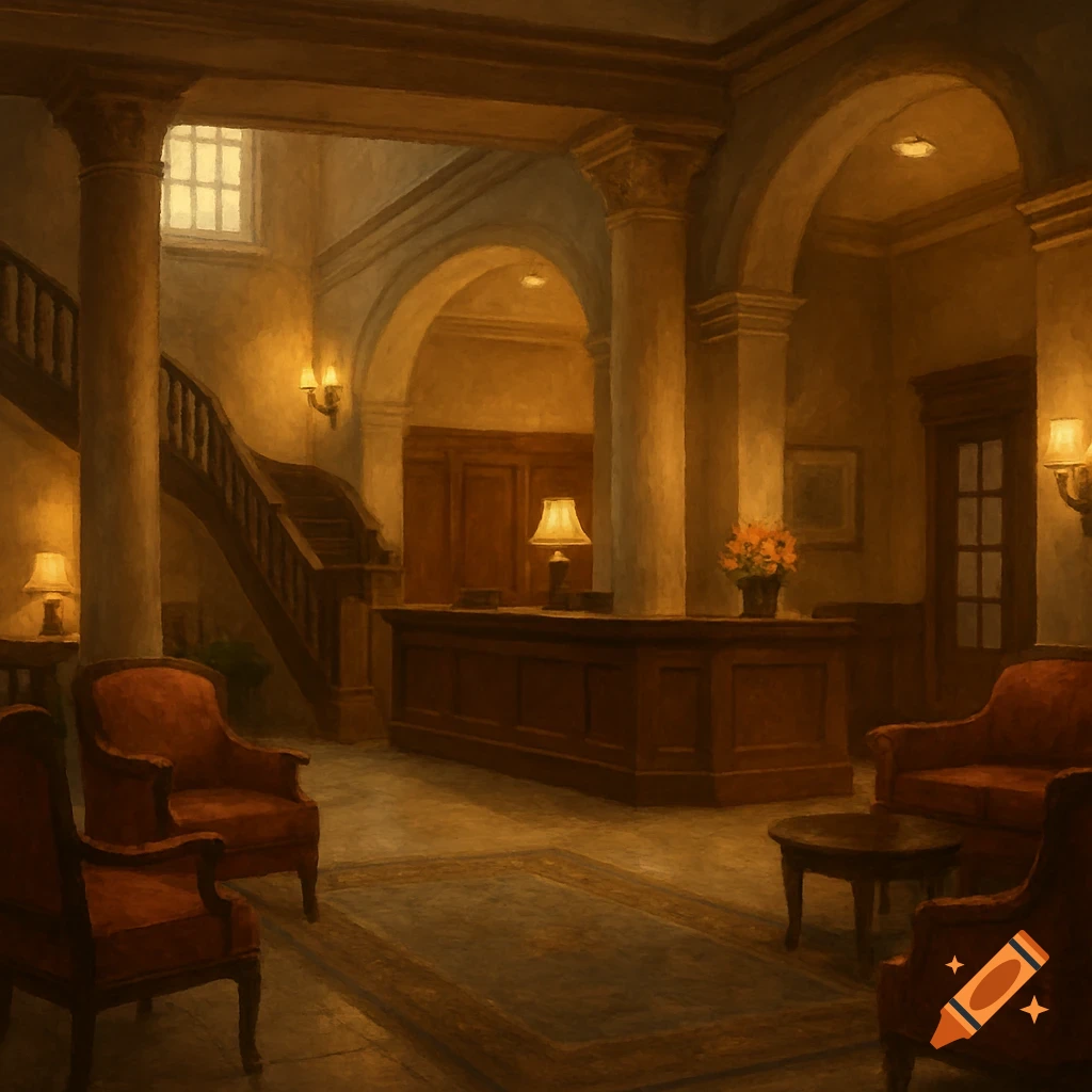 A grand, dimly lit hotel lobby with a sweeping staircase, ornate pillars, and classic furnishings, in a painterly style.