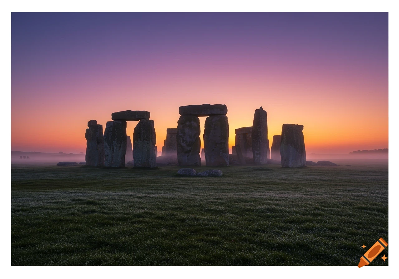 Photorealistic image of Stonehenge at sunrise with a vibrant purple and orange sky, surrounded by mist in a green field.