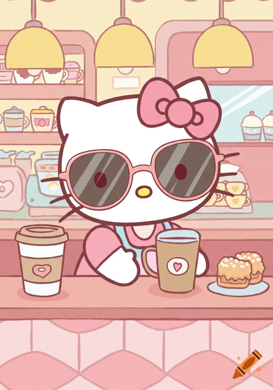 Hello Kitty wearing sunglasses at a coffee shop counter with coffee cups and pastries in a pink cartoon style.