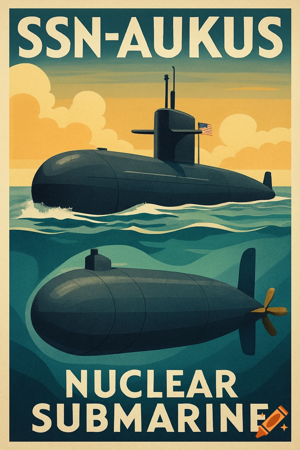 Vintage style poster featuring a submarine on the surface and another submerged, with the text 'SSN-AUKUS Nuclear Submarine'.