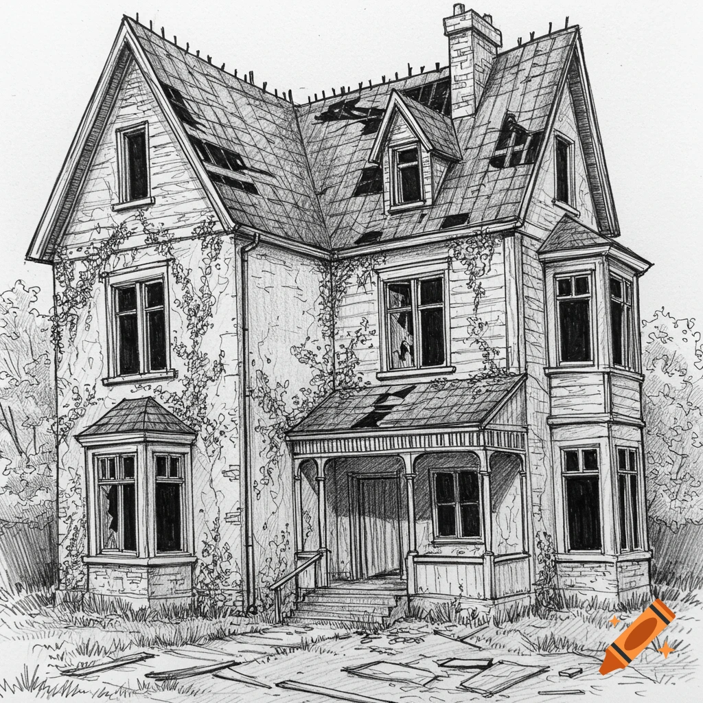 Pen-and-ink sketch of a large, derelict Victorian-style house with broken windows, damaged roof, and overgrown vines.