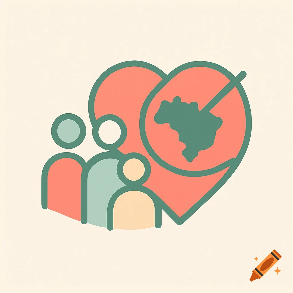 A minimalist logo with three abstract figures, a heart shape containing a map of Brazil, and a line resembling a compass needle, all in soft coral, light green, and beige colors.
