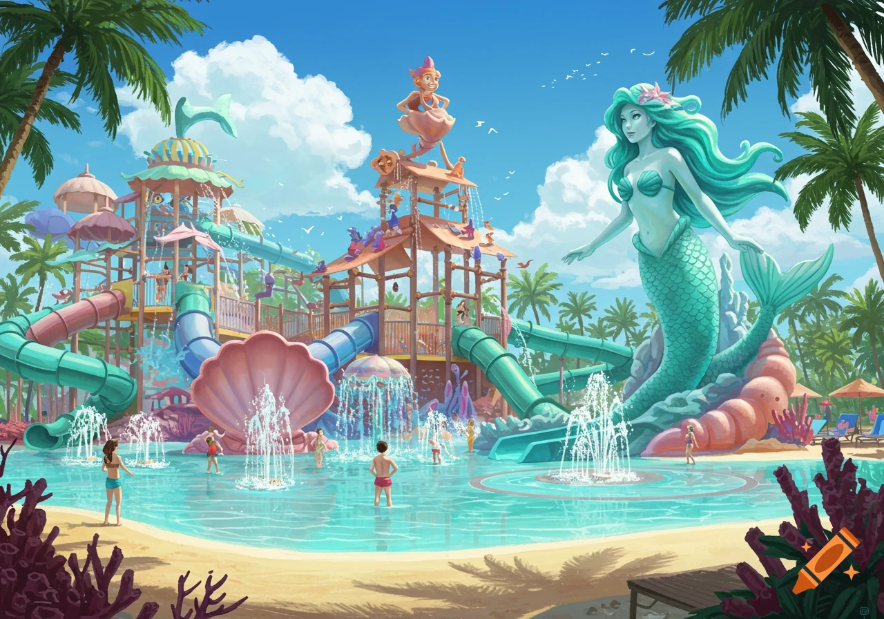 A vibrant, cartoon-style water park with a large teal mermaid statue, colorful slides, fountains, and children playing in the pool under palm trees.