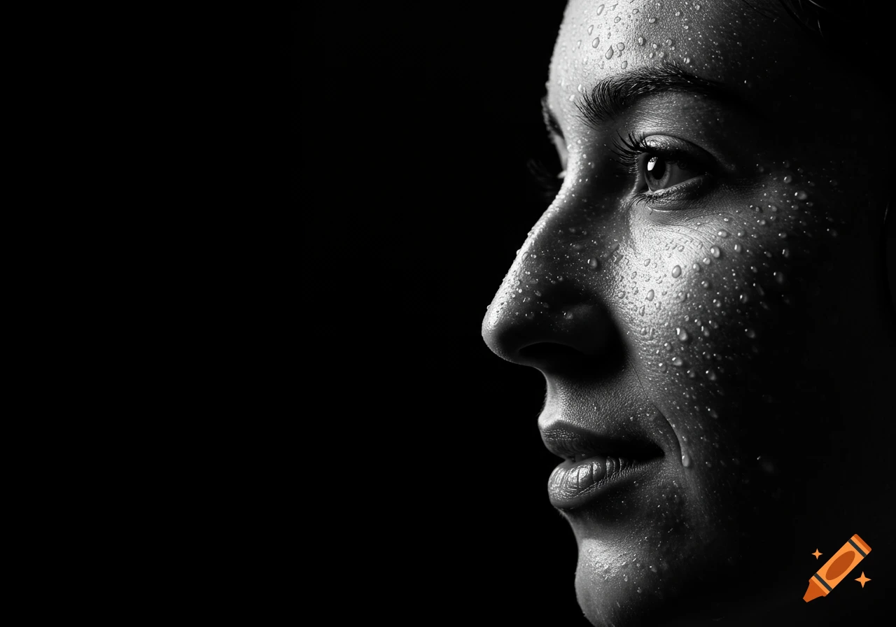 Close-up black and white profile of a person's face covered in water droplets, looking up and to the right.
