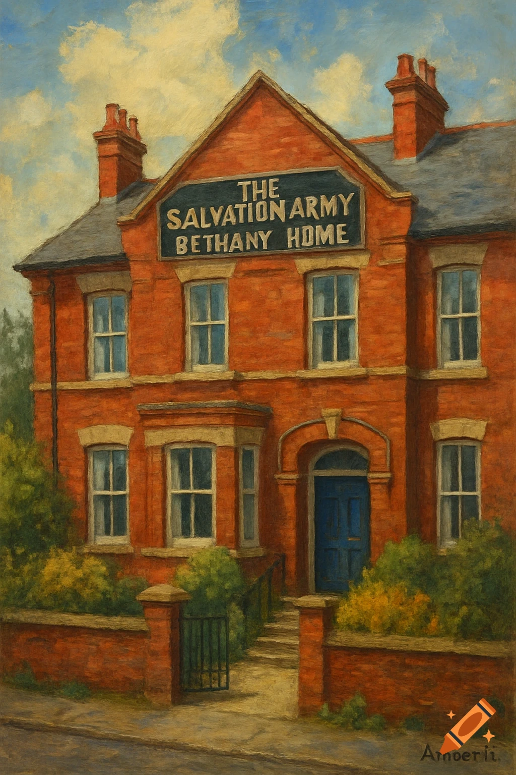 An oil painting of a red brick building with a blue door, lush green and yellow bushes, and a sign reading 'THE SALVATION ARMY BETHANY HOME' under a cloudy blue sky.