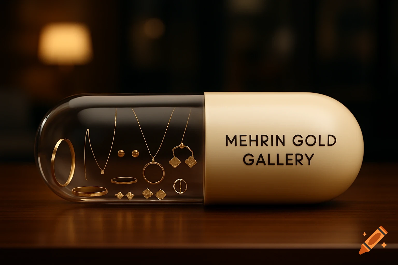 Golden jewelry displayed inside a transparent capsule, next to 'MEHRIN GOLD GALLERY' text on an opaque capsule half, on a wooden table.