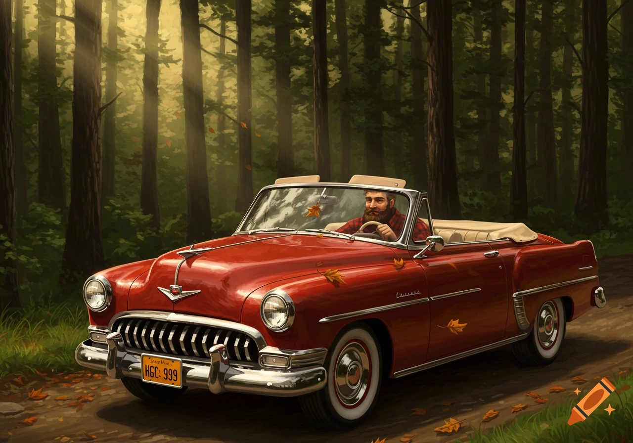 A bearded man in a plaid shirt drives a red vintage convertible through a sun-dappled forest with autumn leaves.