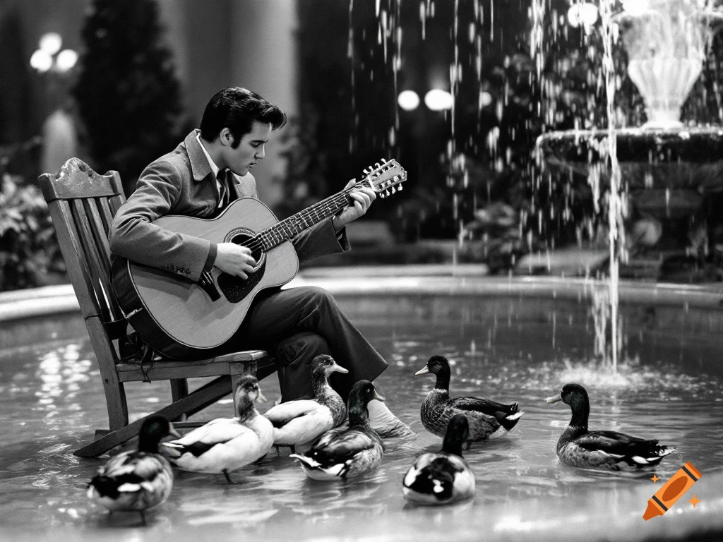 Black and white photo of Elvis Presley playing guitar on a chair surrounded by ducks in a fountain.