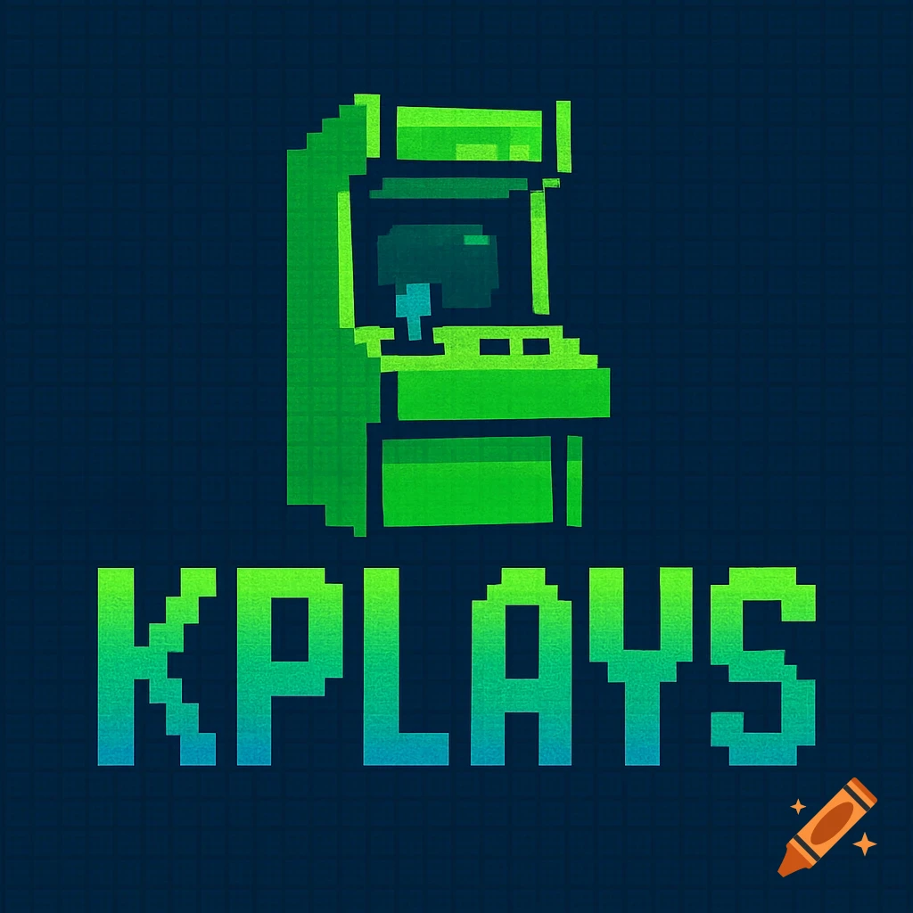 Pixel art logo featuring a green arcade machine and the word 'KPLAYS' in a gradient, against a dark blue grid.