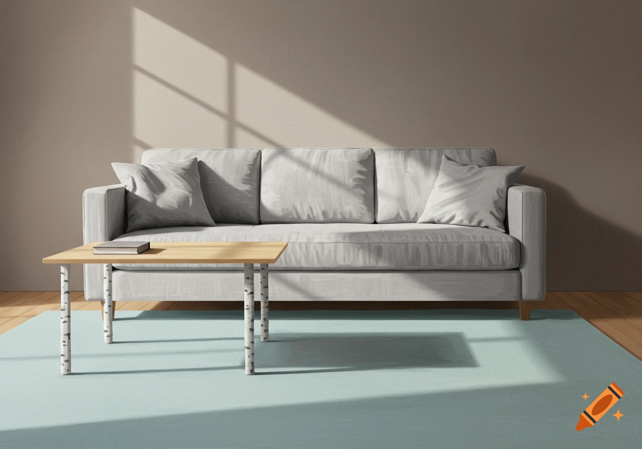 A modern living room with a light gray sofa, light blue rug, and birch coffee table bathed in natural light.