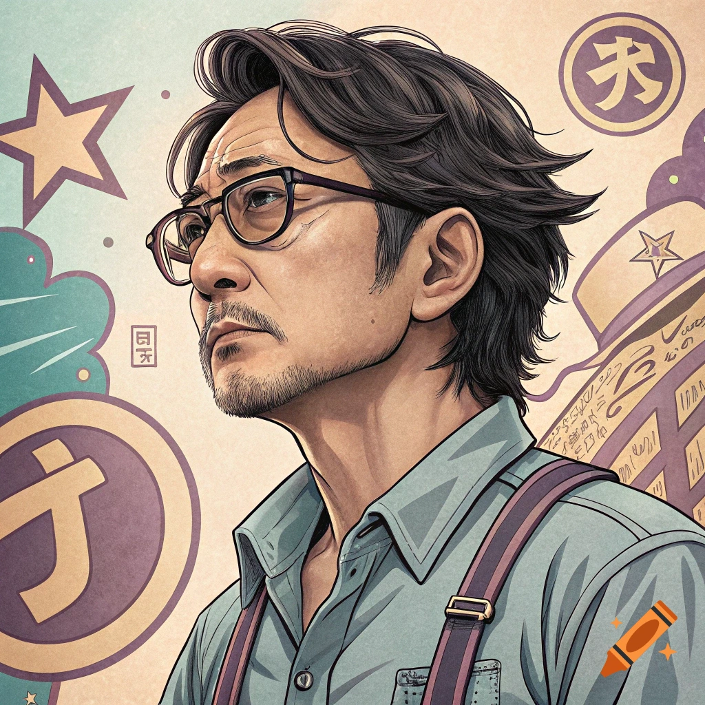 A stylized portrait of a middle-aged man with dark hair, beard, and glasses, wearing a light blue shirt with suspenders. He looks up and to the left. The background features yellow stars and purple circular elements with Asian characters.