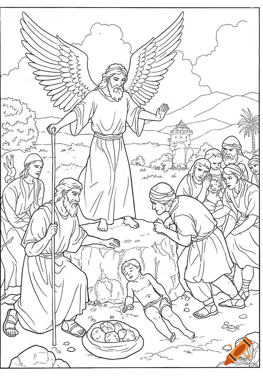 Black and white line art of a biblical scene showing an angel appearing to Abraham, who stands with a staff near Isaac on the ground, with other figures present.