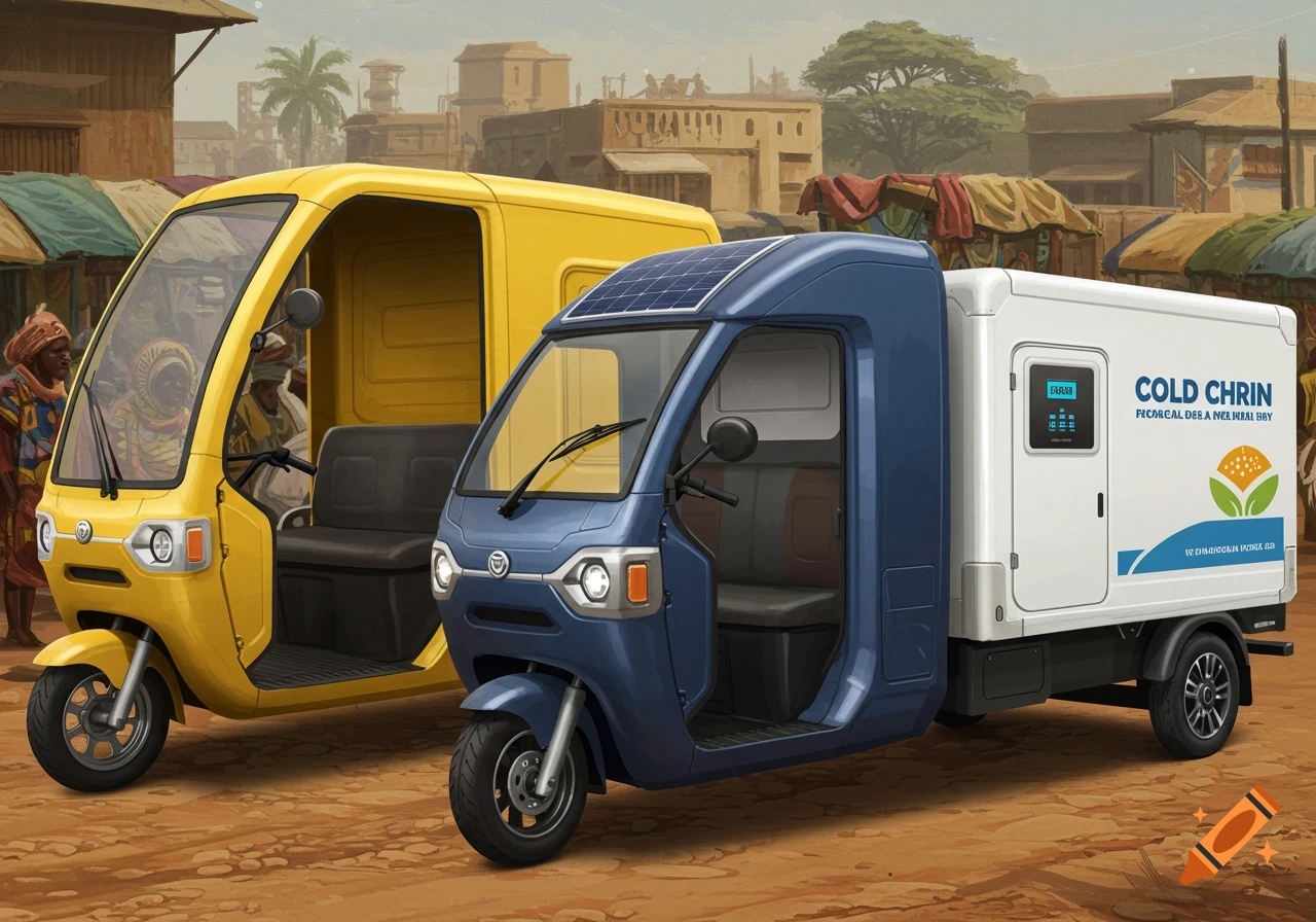 Two electric three-wheelers, one yellow and one blue, parked in a bustling outdoor market with people and buildings in the background.
