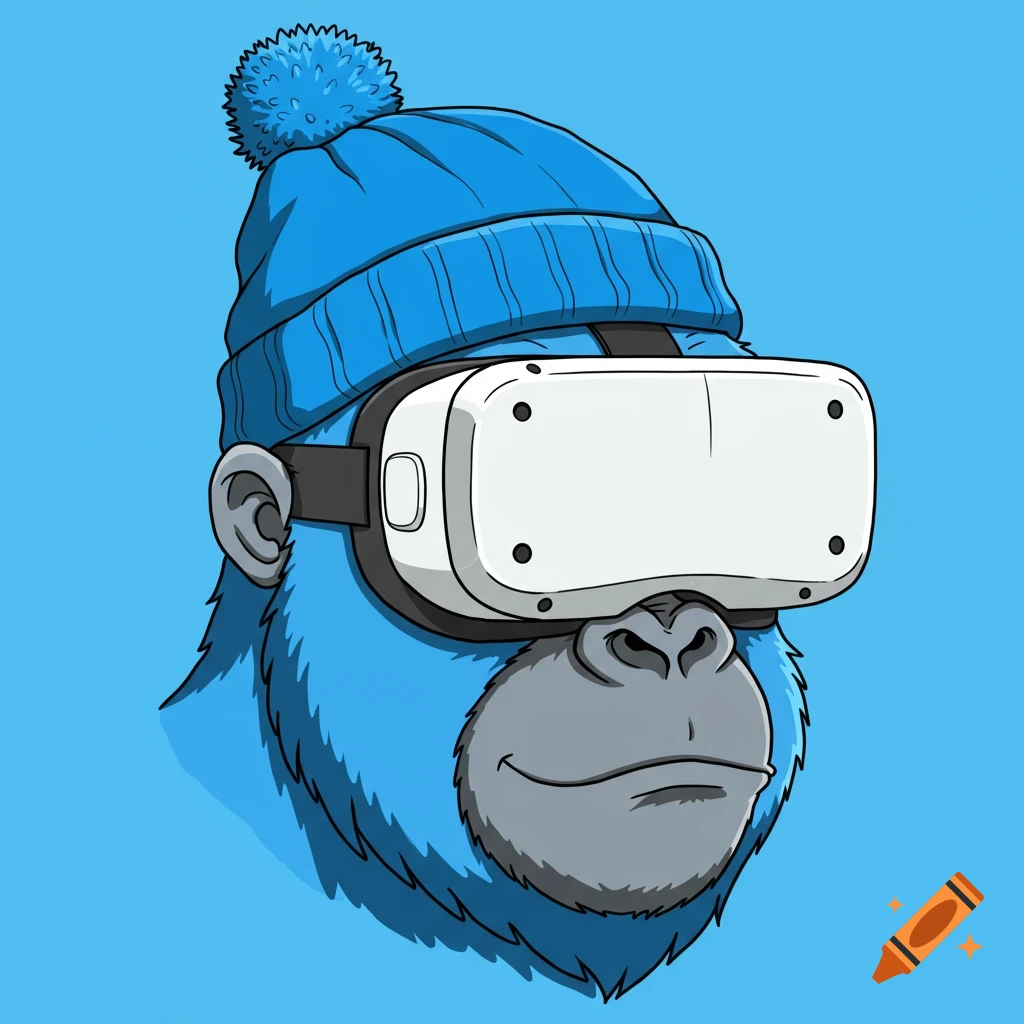 A light blue gorilla with a grey face wears a blue bobble hat and a white VR headset, in an anime style.